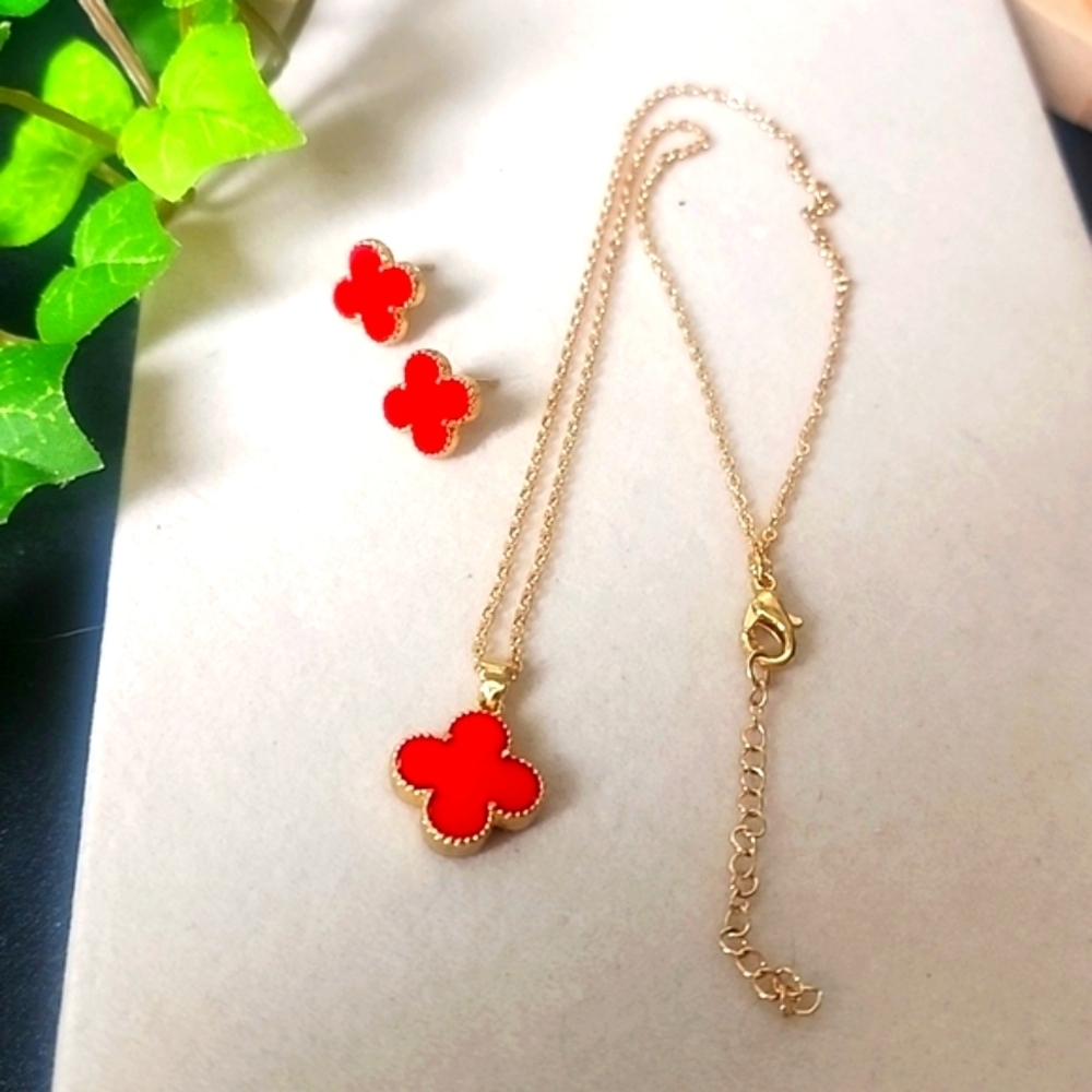 Gold Stainless Steel Necklace Chain Earrings Set Red Quatrefoil Flower/ Clover